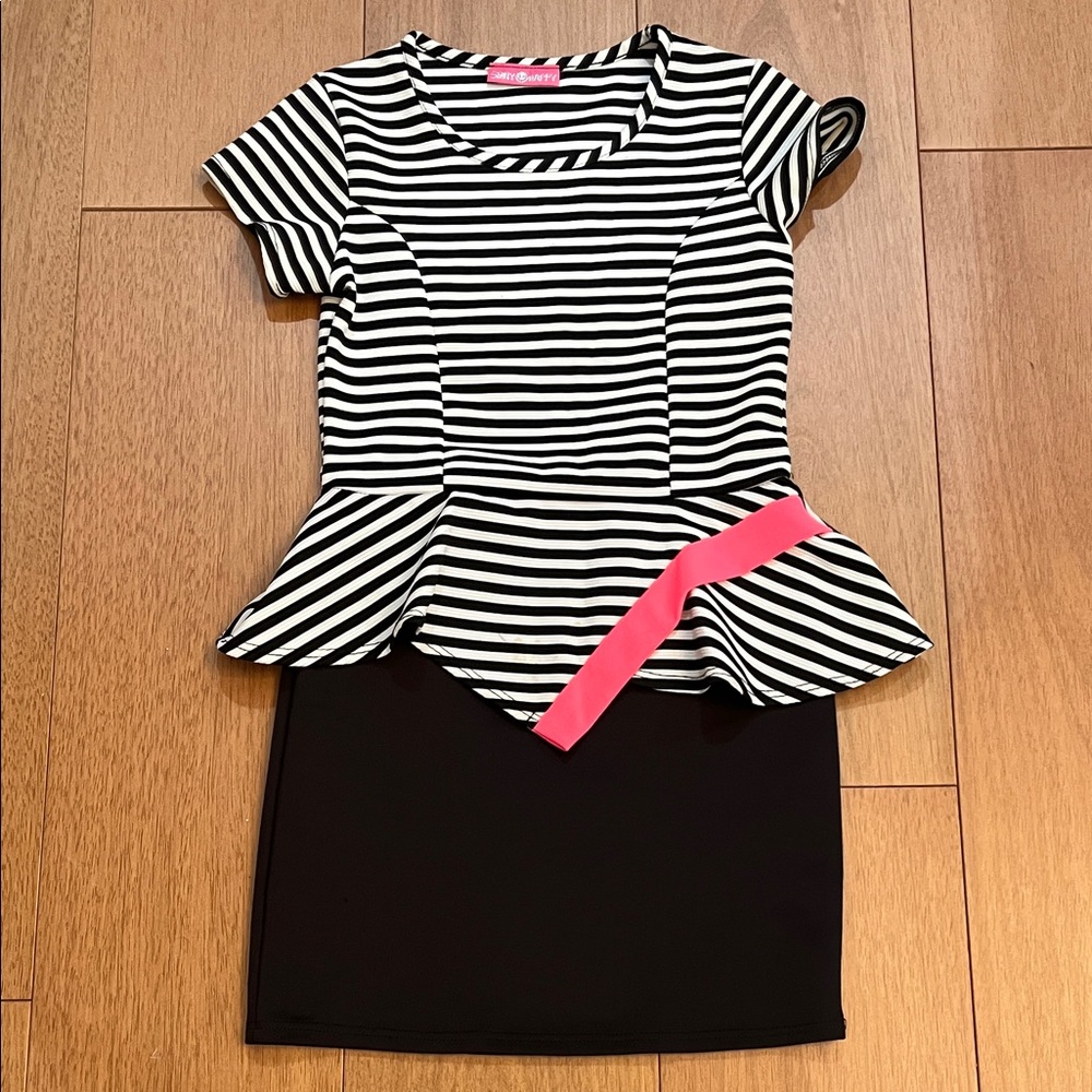 Striped Black and White Kids Dress with Pink Accent